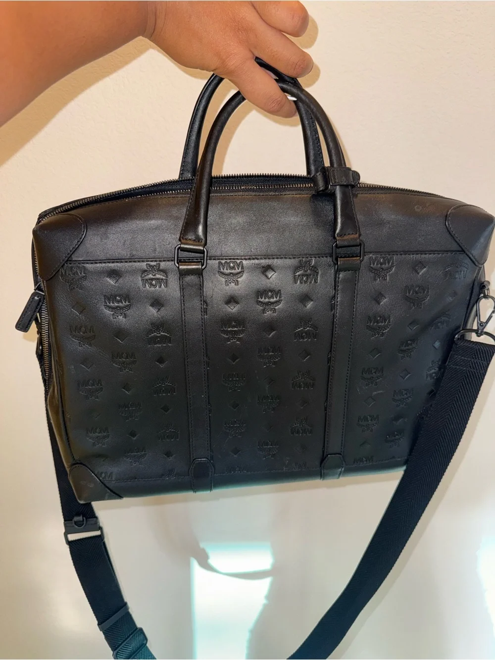 MCM Monograph Water Resistant Leather Briefcase embossed logo pattern